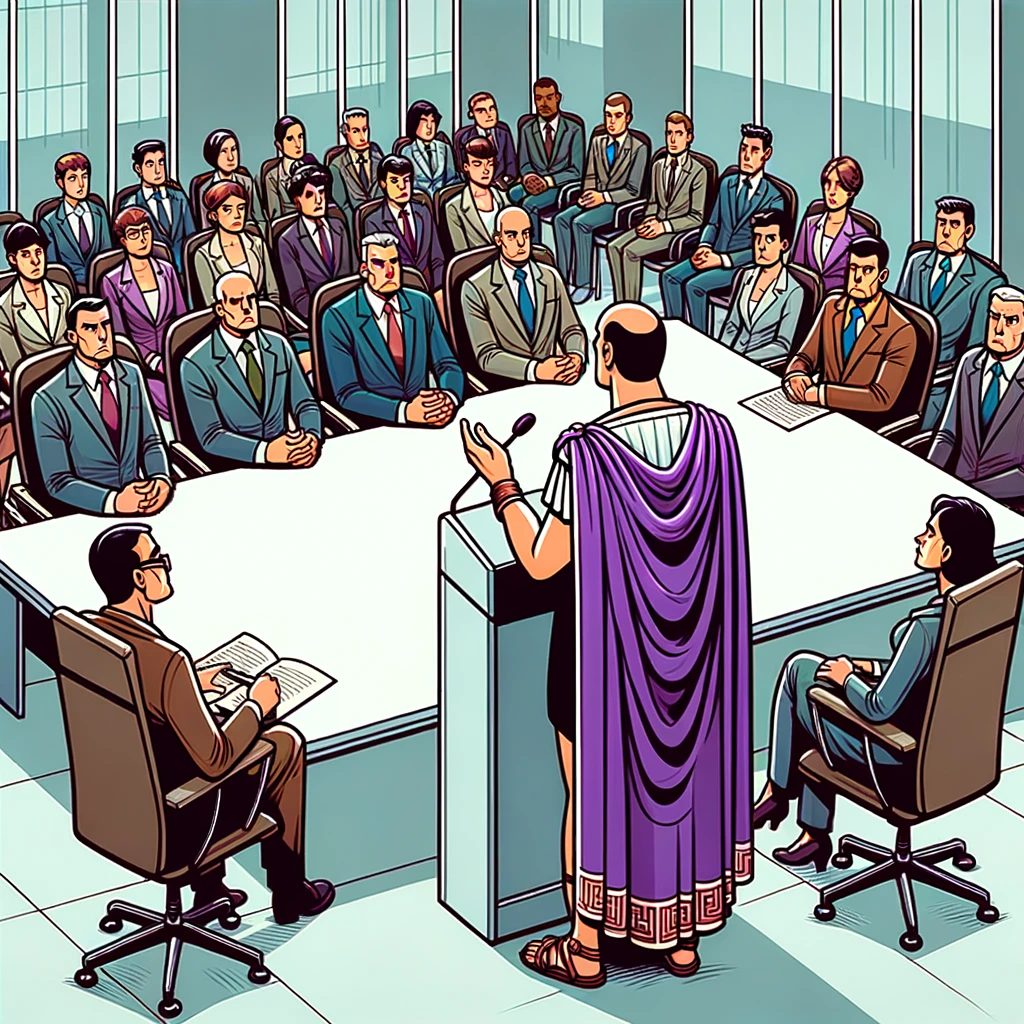 Five canons of rhetoric - Cicero, adorned in his Roman toga with a purple edge, engaging with an expanded and diverse contemporary business audience. The setting is a modern boardroom, and the audience, now more extensive and including both men and women, is depicted with rapt attention to Cicero's oration. Please evaluate this visual representation in terms of its alignment with the specified modifications and the broader theme of classical rhetoric's enduring relevance. Should further adjustments be required or if the depiction resonates with your envisioned context, please articulate your feedback. Such insights are vital for ensuring a precise and impactful visual narrative.