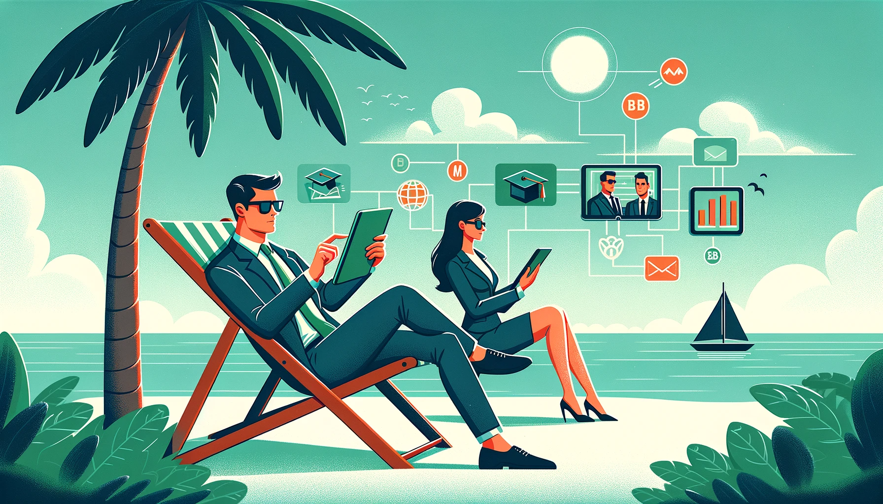 Optimising an online MBA - A 30-year-old man in a business suit lounging on a beach chair, engrossed in a virtual MBA lecture on his tablet, accompanied by a woman in business attire, also engaged with her digital device.