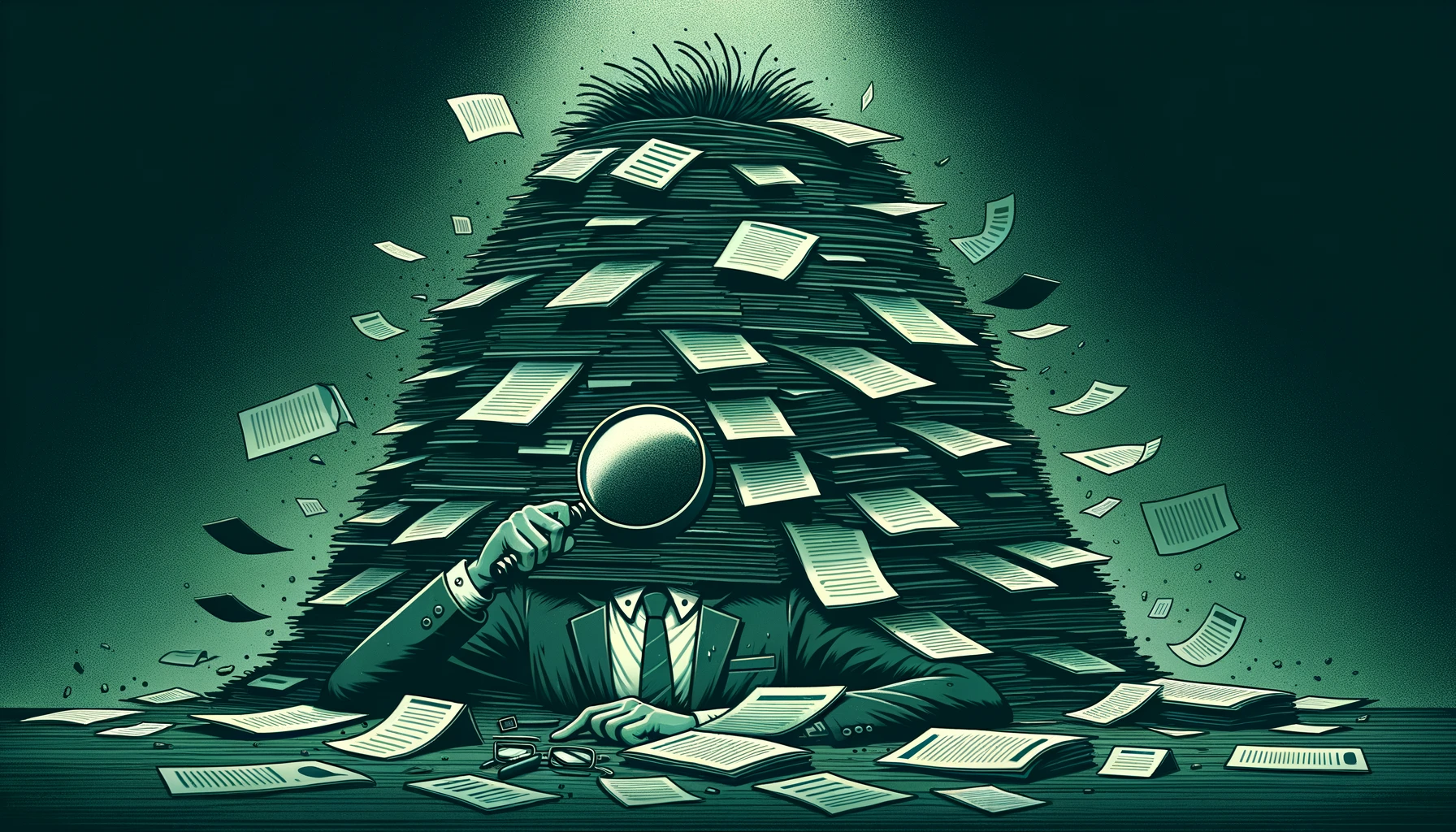 Online MBA Cost Comparison - The professional, with hair standing on end, buried under a mountain of pamphlets, with only a hand sticking out holding a magnifying glass.